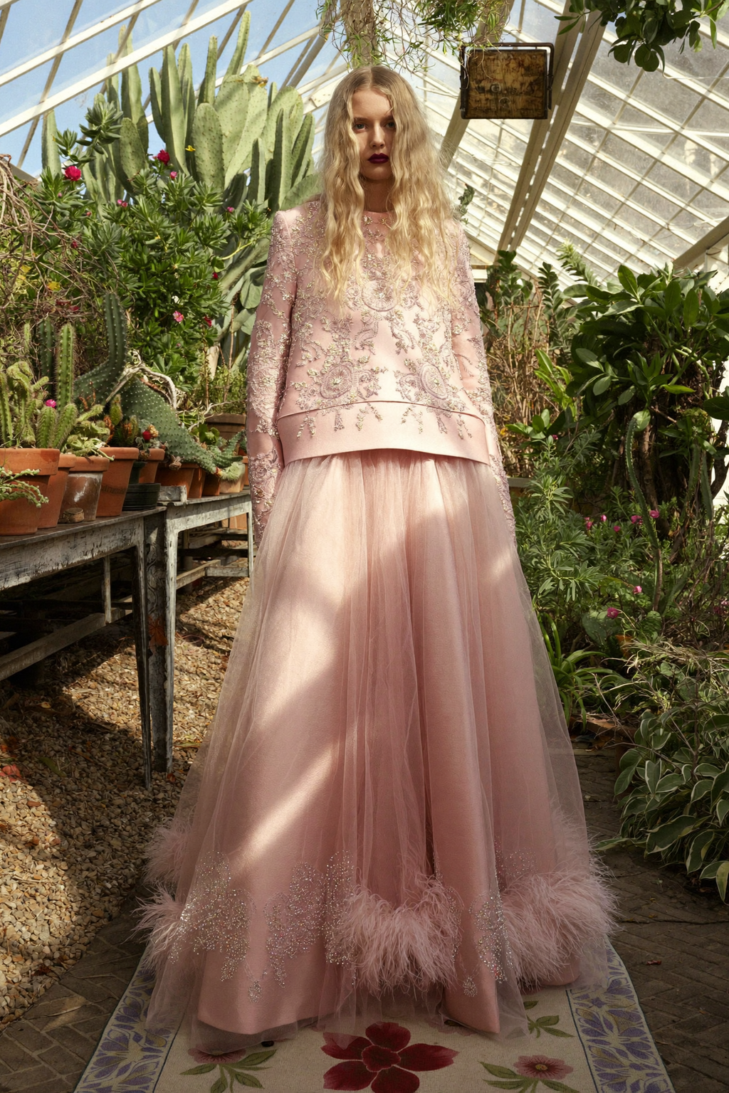 Blush Embroidered Top with Feathered Skirt