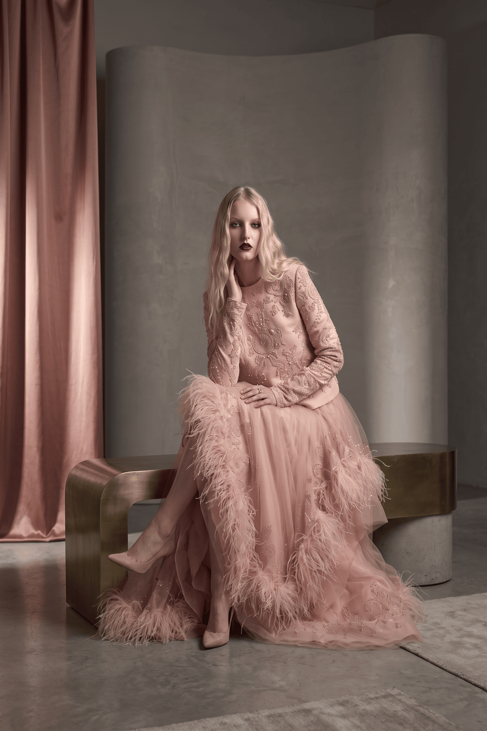 Blush Embroidered Top with Feathered Skirt