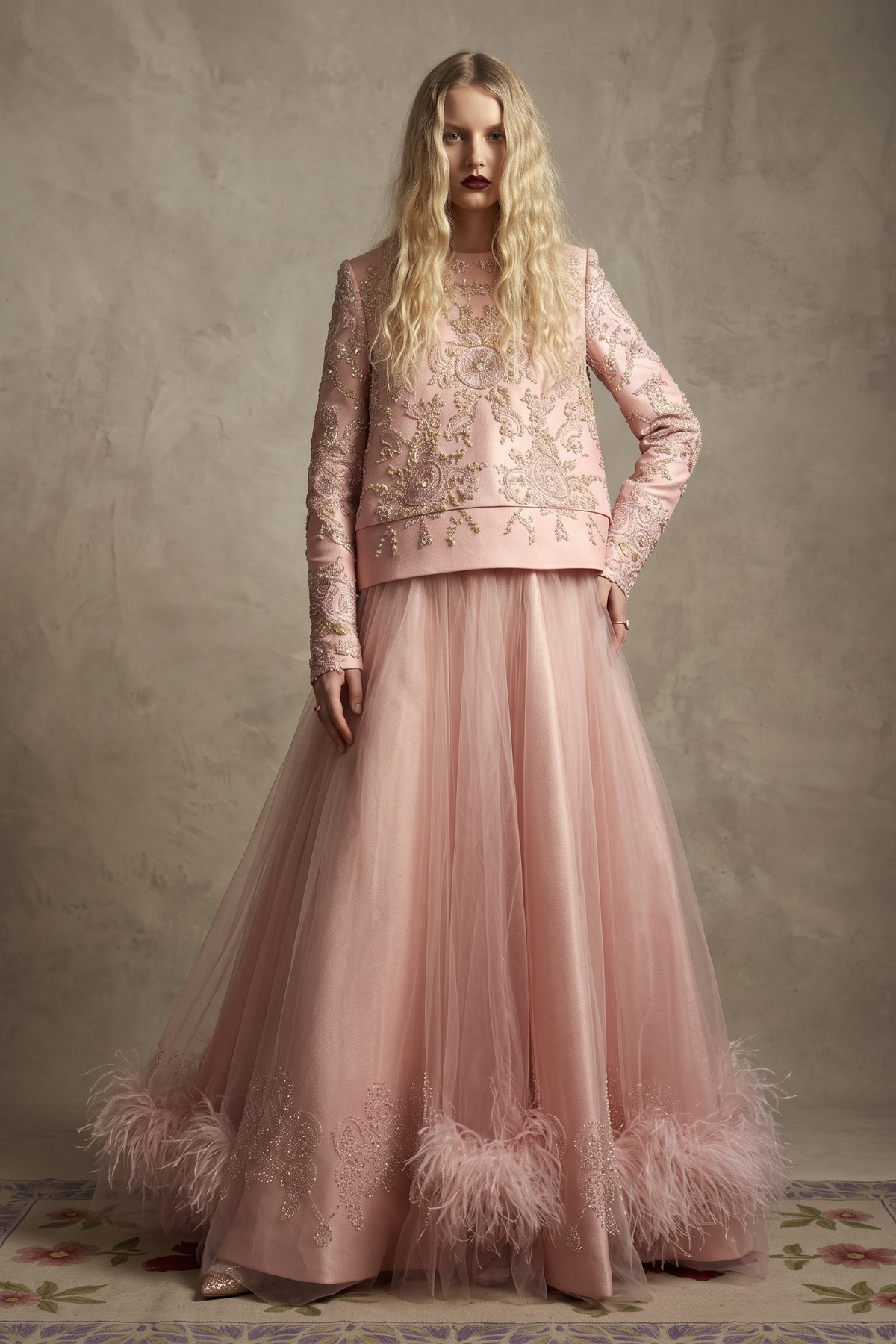 Blush Embroidered Top with Feathered Skirt