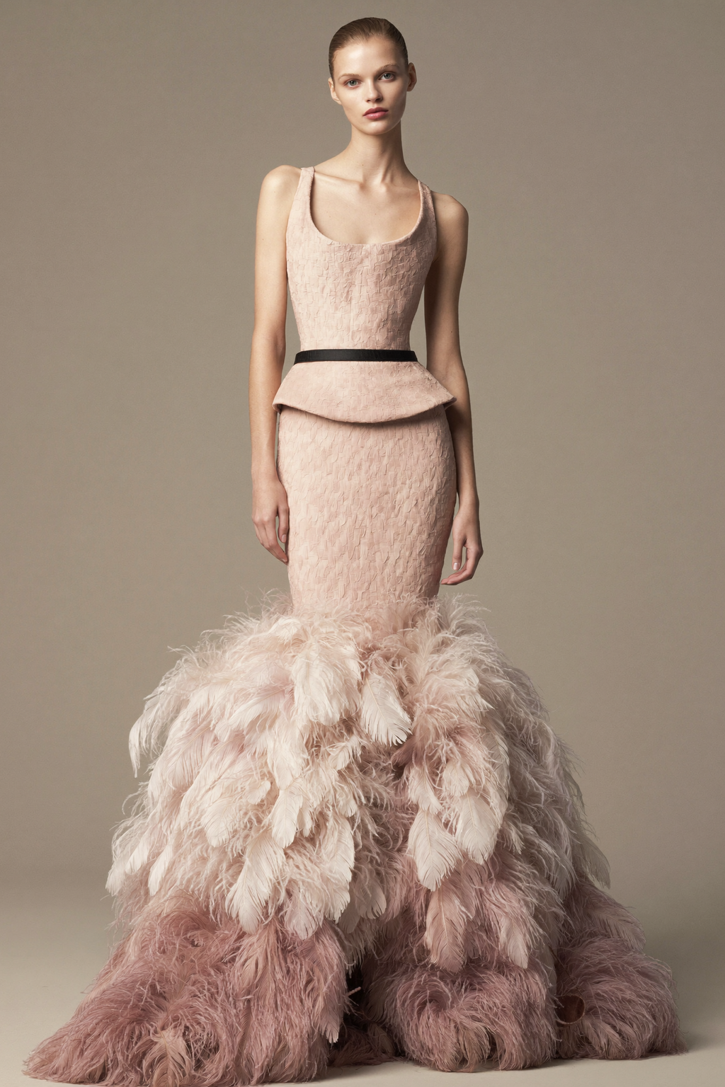 Feathered Mermaid Gown with Capelet