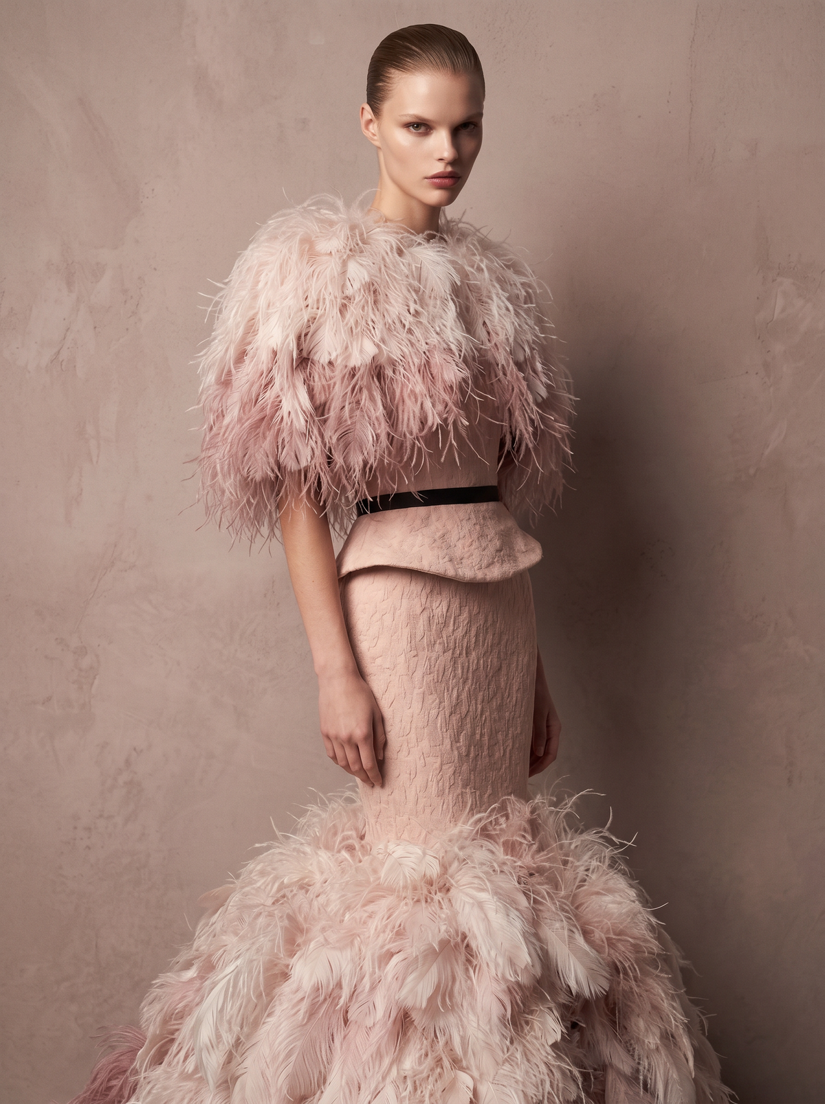 Feathered Mermaid Gown with Capelet