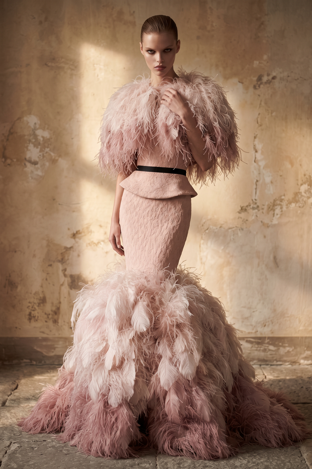 Feathered Mermaid Gown with Capelet
