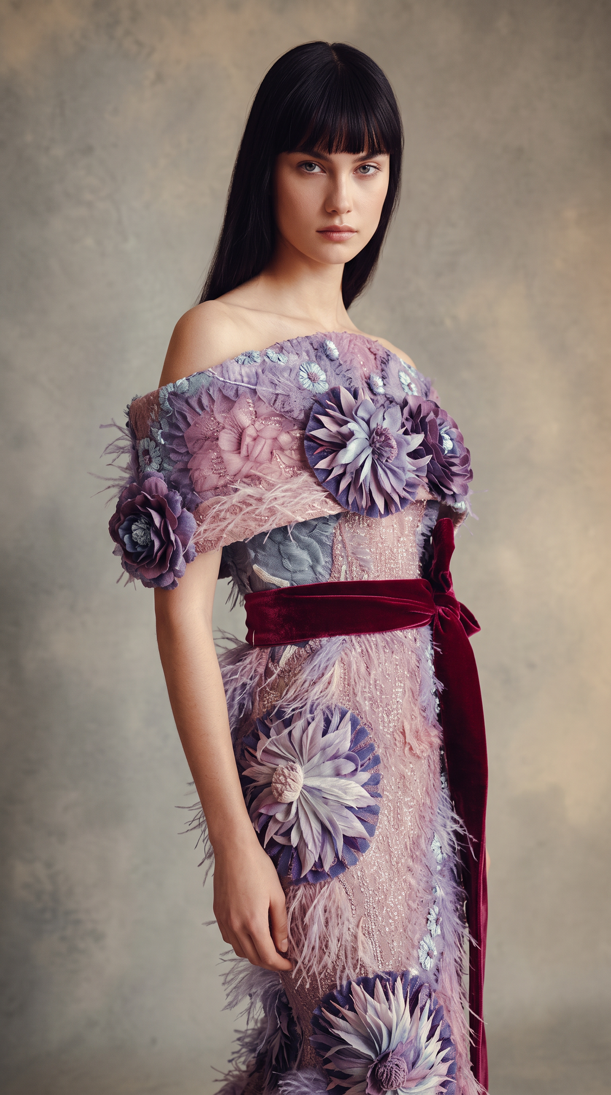 Floral Applique and Feather Mermaid Gown