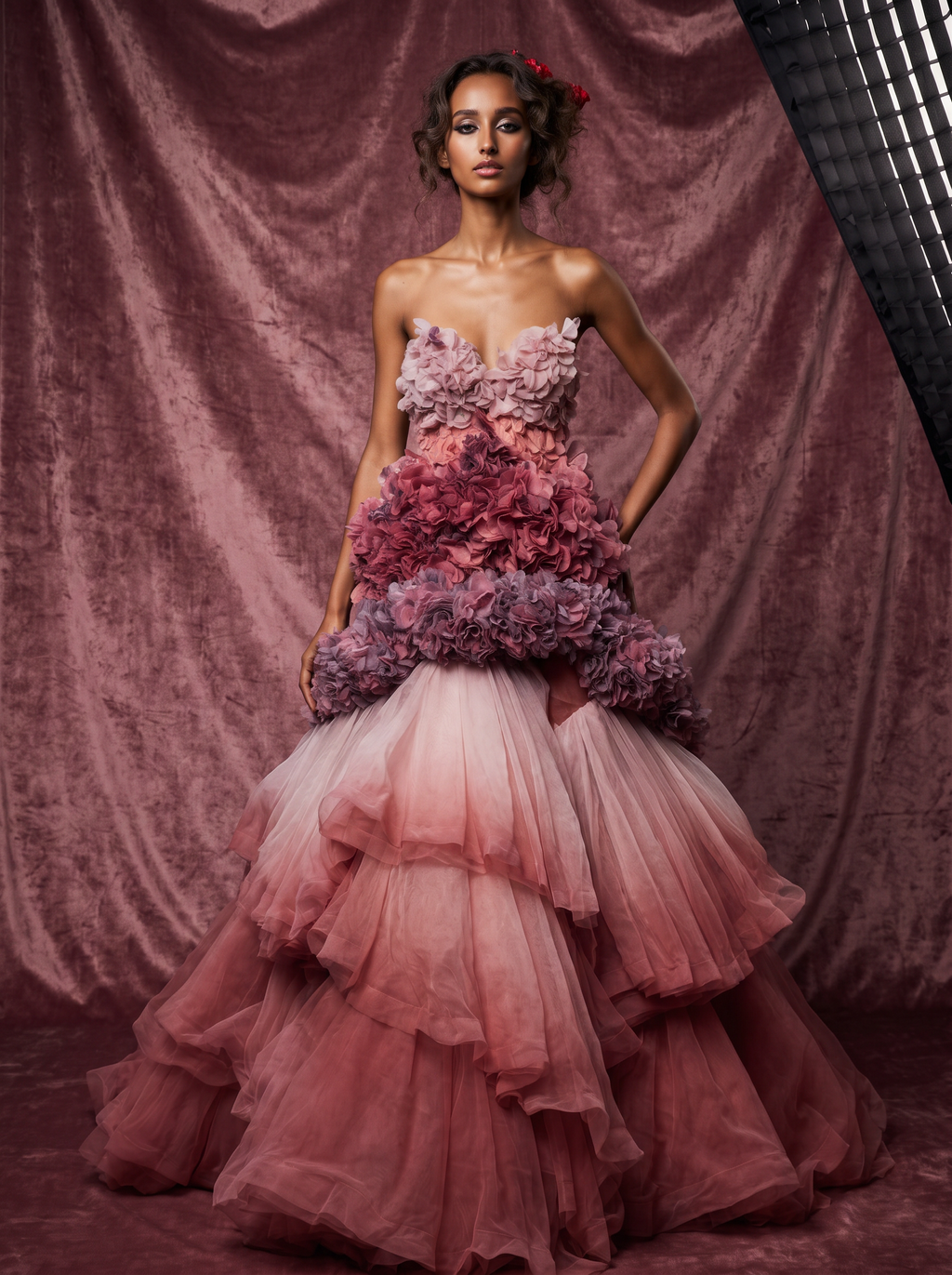 Strapless High-Low Ruffled Gown