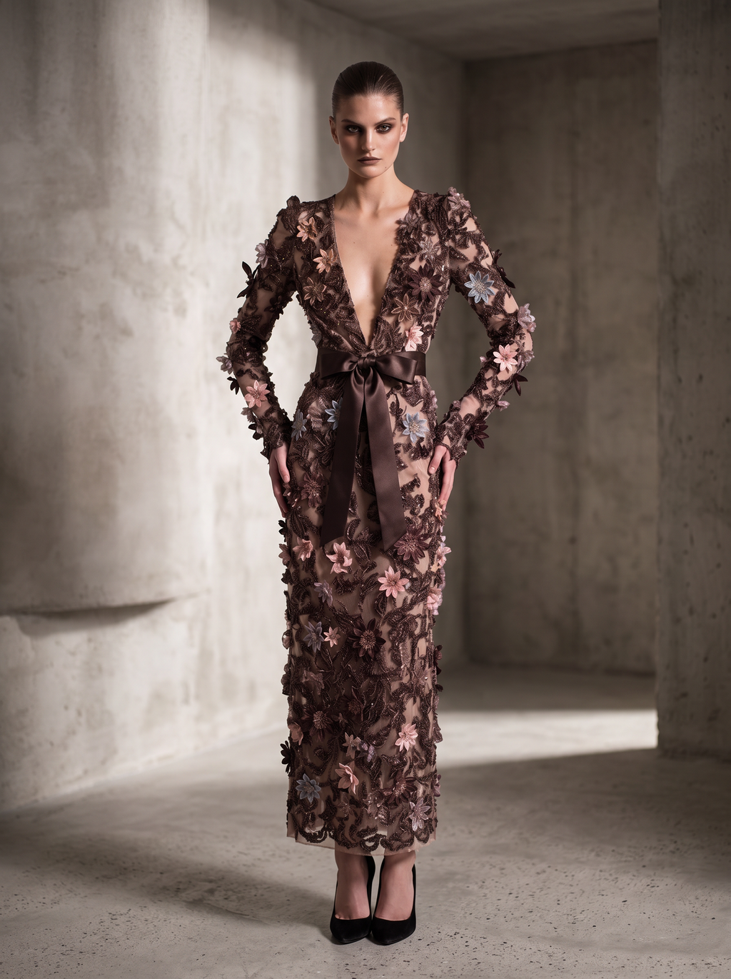 Vestido de manga larga con cuello de pico
