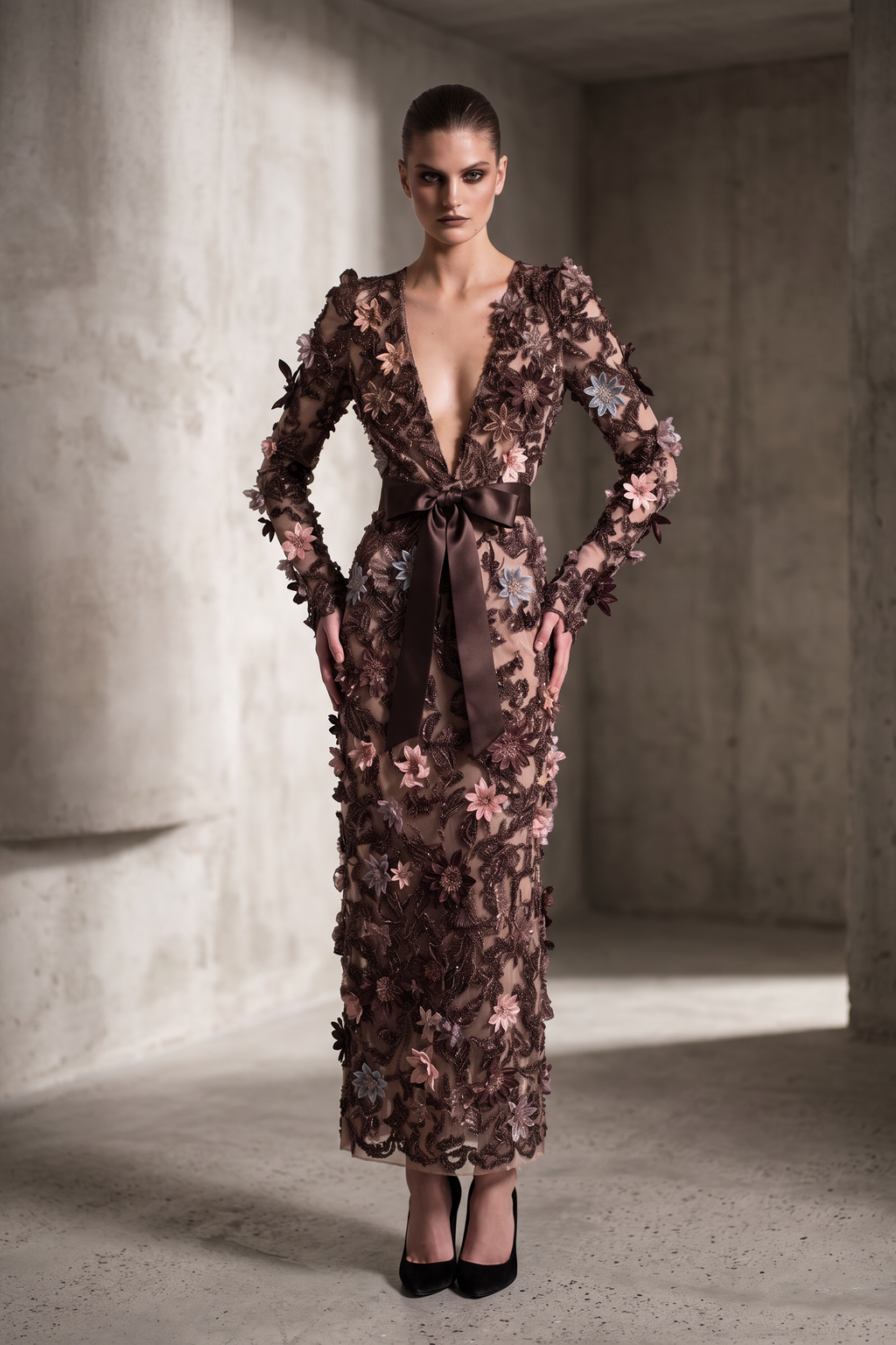 Vestido de manga larga con cuello de pico
