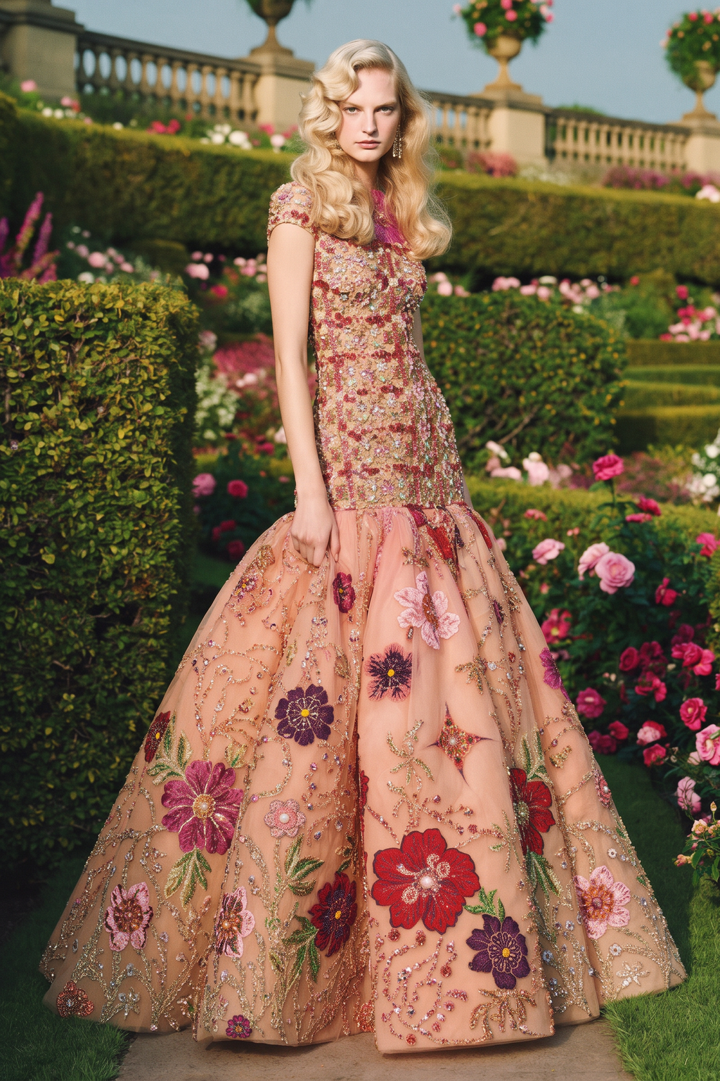 Embroidered Drop-Waisted Ball Gown