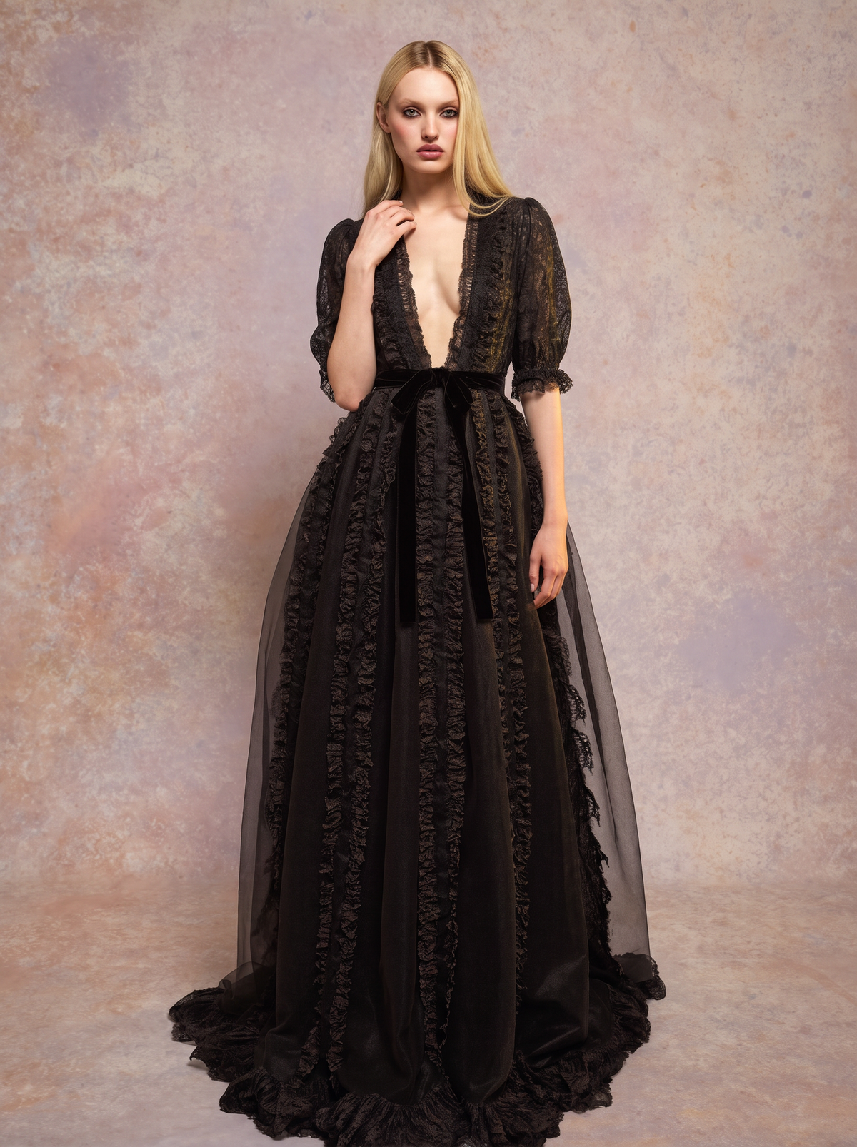 Half-Sleeve V-Neck Gown