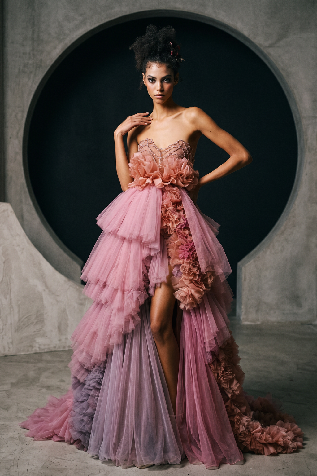Strapless High-Low Ruffled Gown