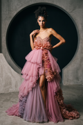 Strapless High-Low Ruffled Gown