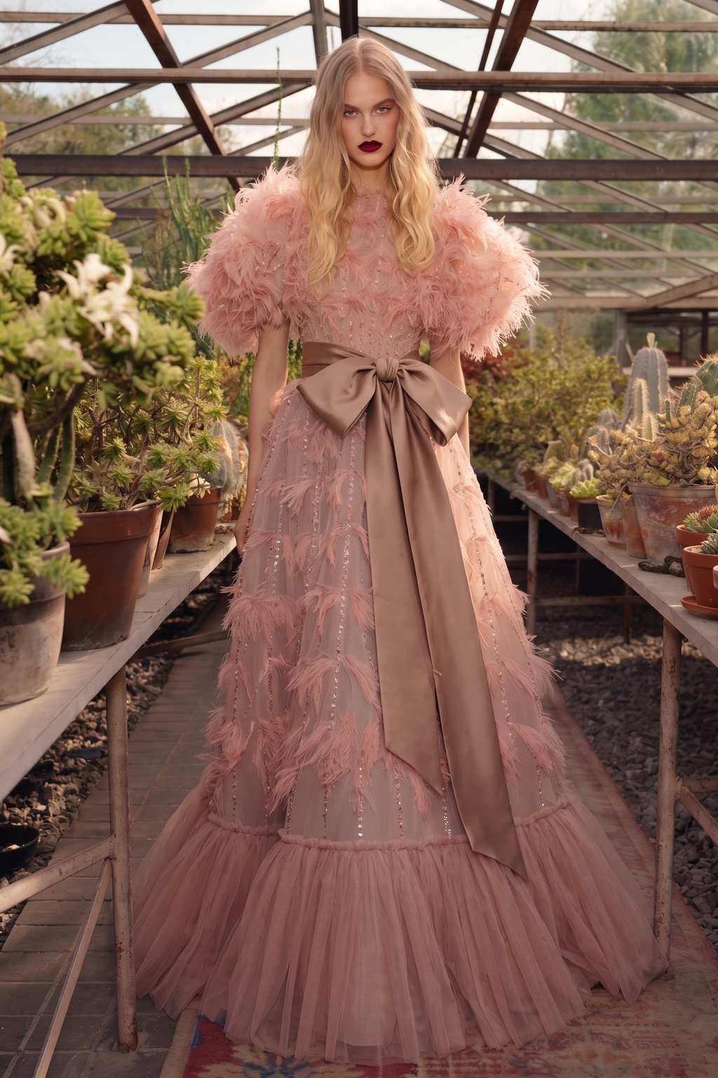 Feathered Puff Sleeve A-Line Gown