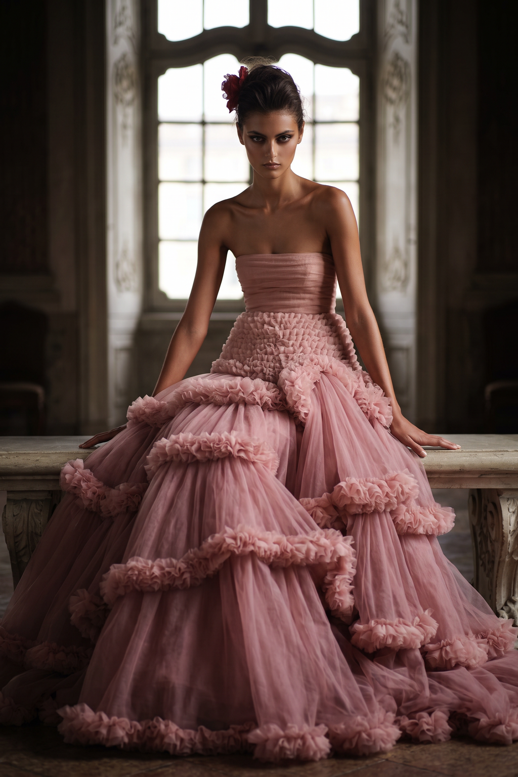 Strapless Ruffle A-Line Gown