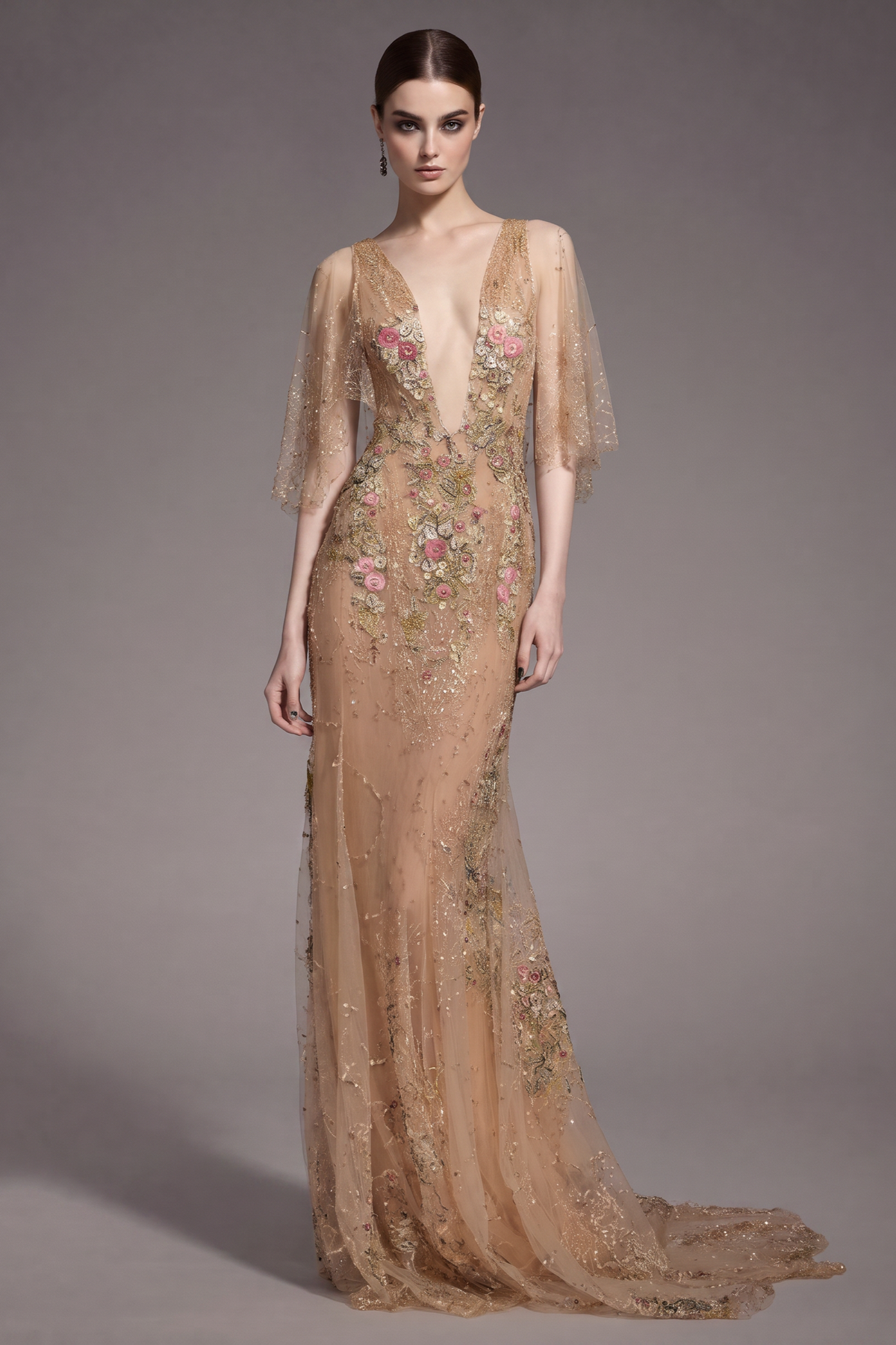 Sheer Flutter Sleeve Gown