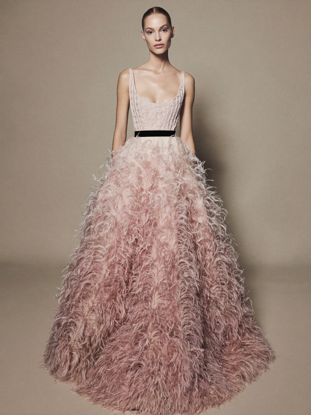 Sleeveless Blush Feather Ball Gown