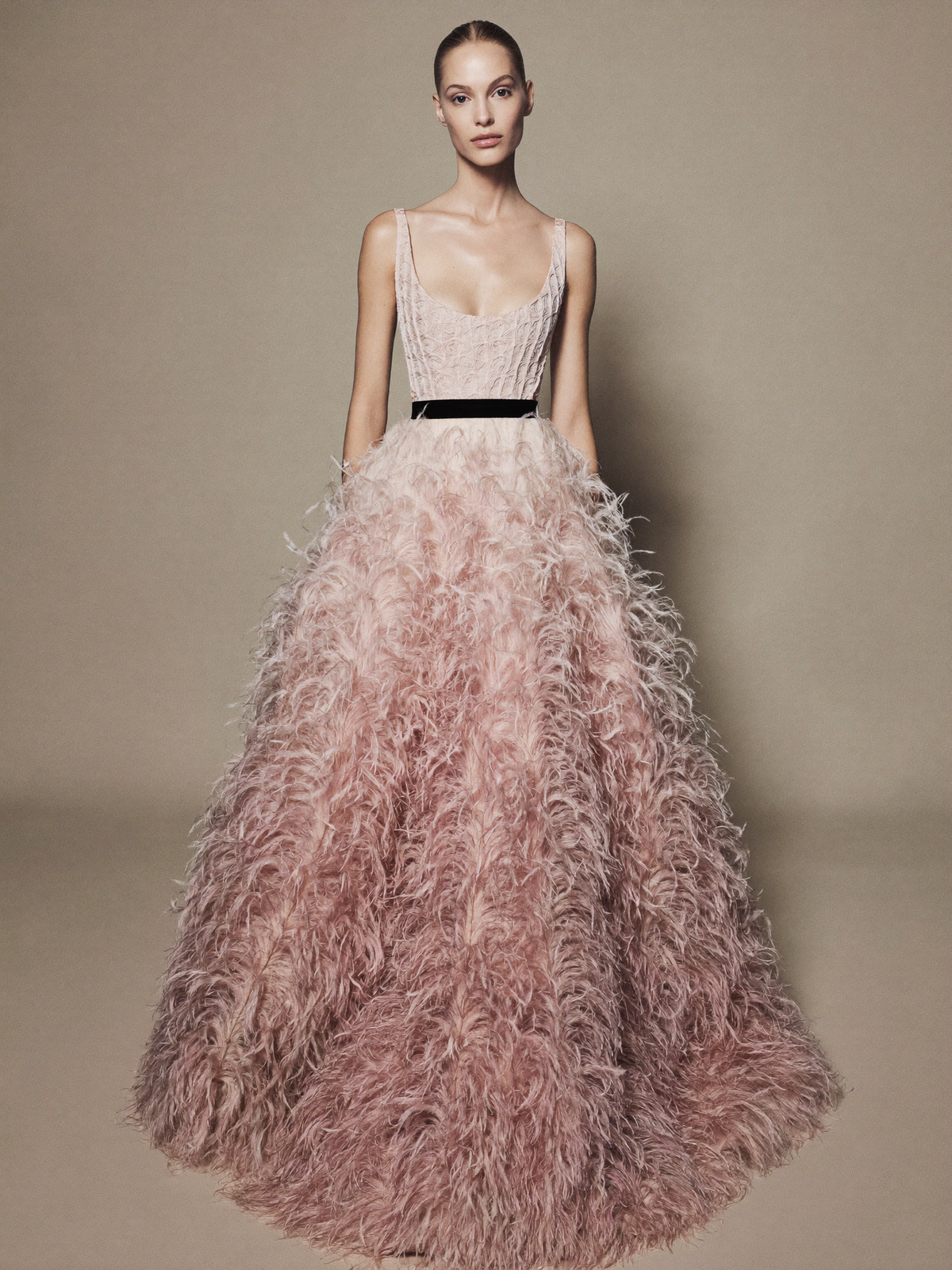 Sleeveless Blush Feather Ball Gown