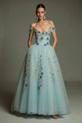 Off-Shoulder Floral Sky Gown