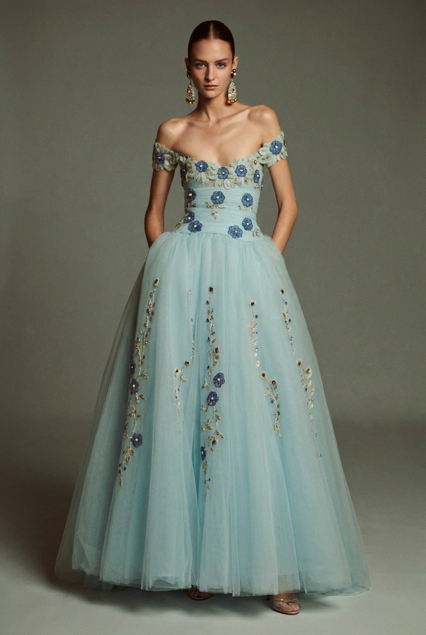 Off-Shoulder Floral Sky Gown