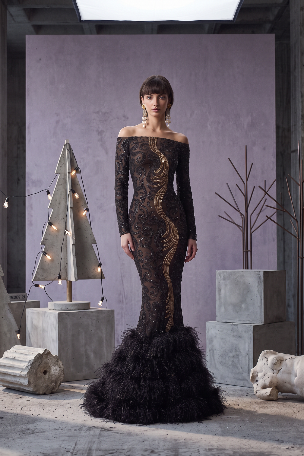 Off-Shoulder Swirl Lace Gown