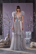 Feather Cap-Sleeve Gown