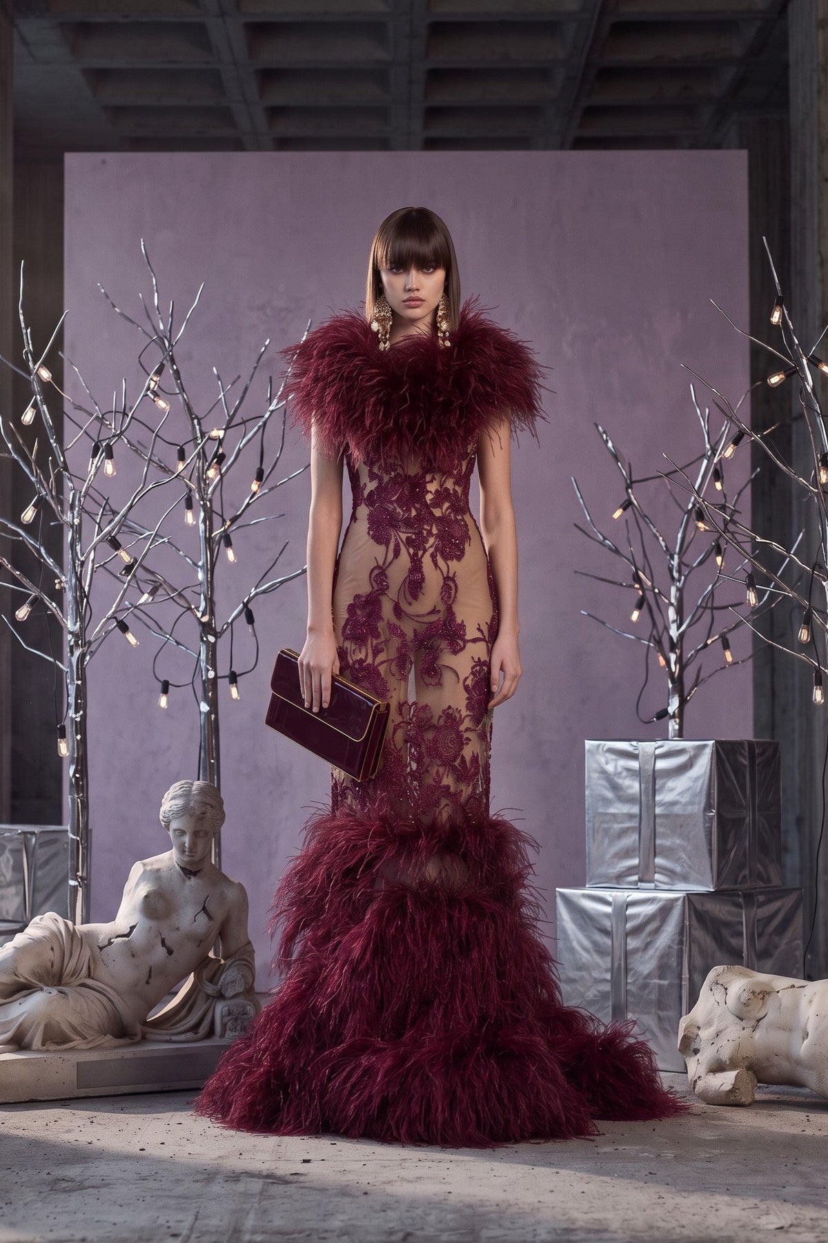 Feather Collar Lace Gown