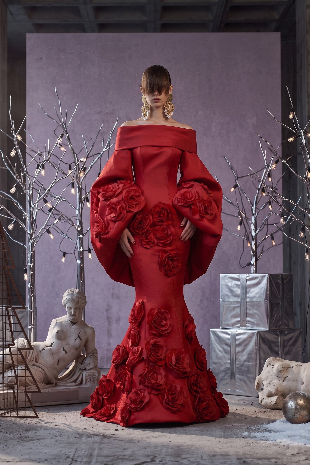 Rose Balloon-Sleeve Gown