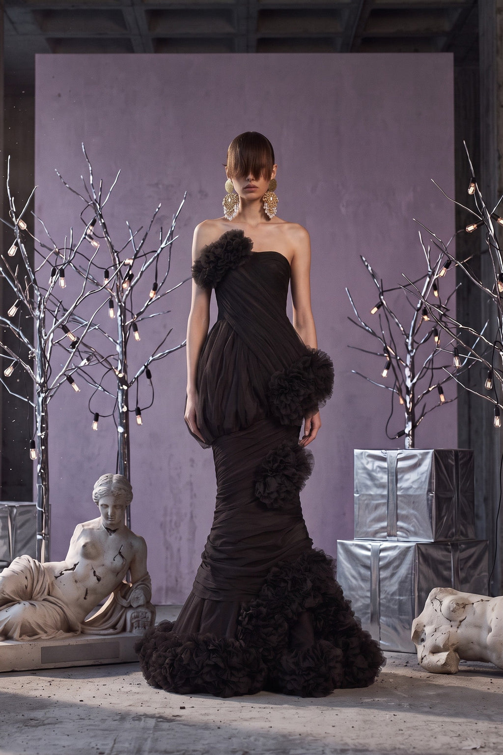 Strapless Draped Rosette Gown