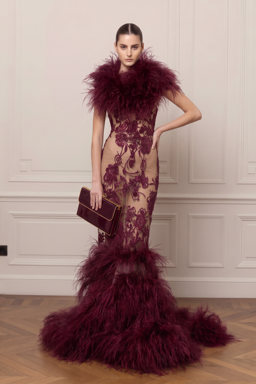 Feather Collar Lace Gown