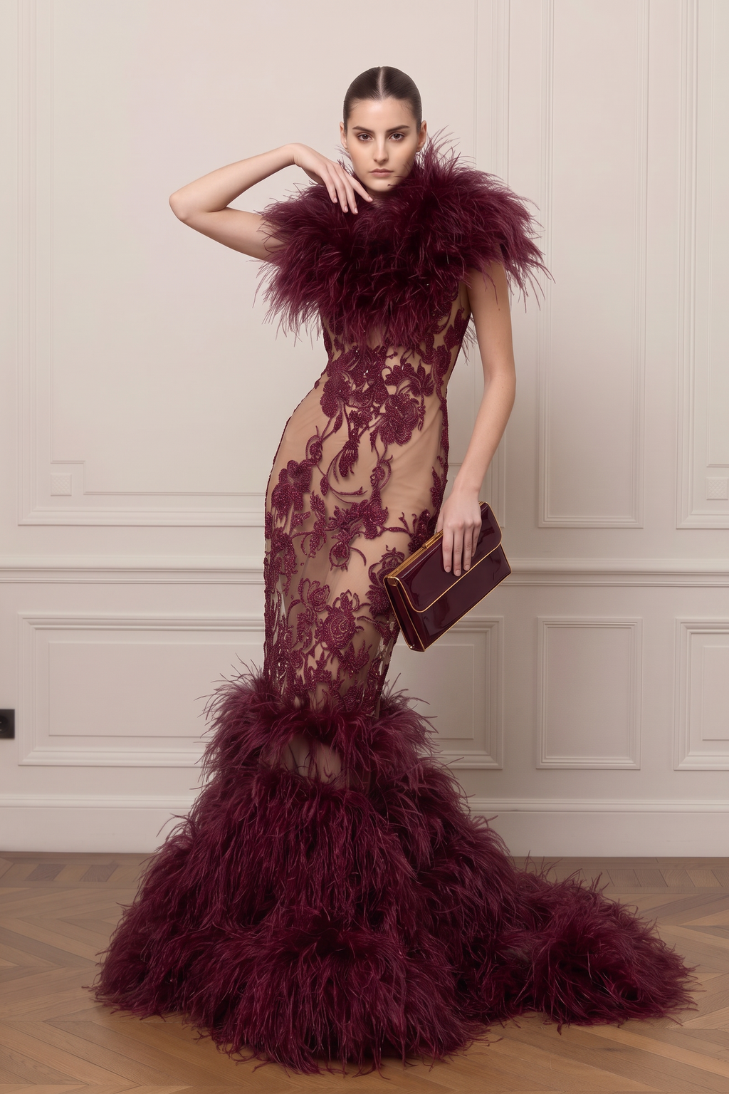 Feather Collar Lace Gown