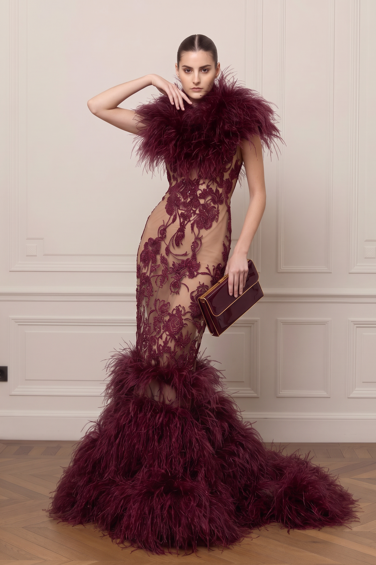 Feather Collar Lace Gown