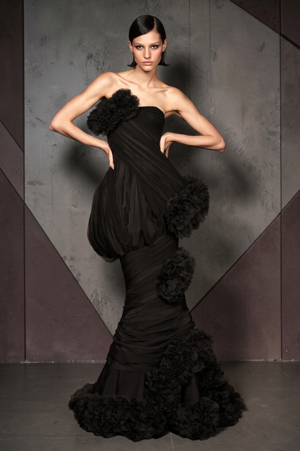Strapless Draped Rosette Gown