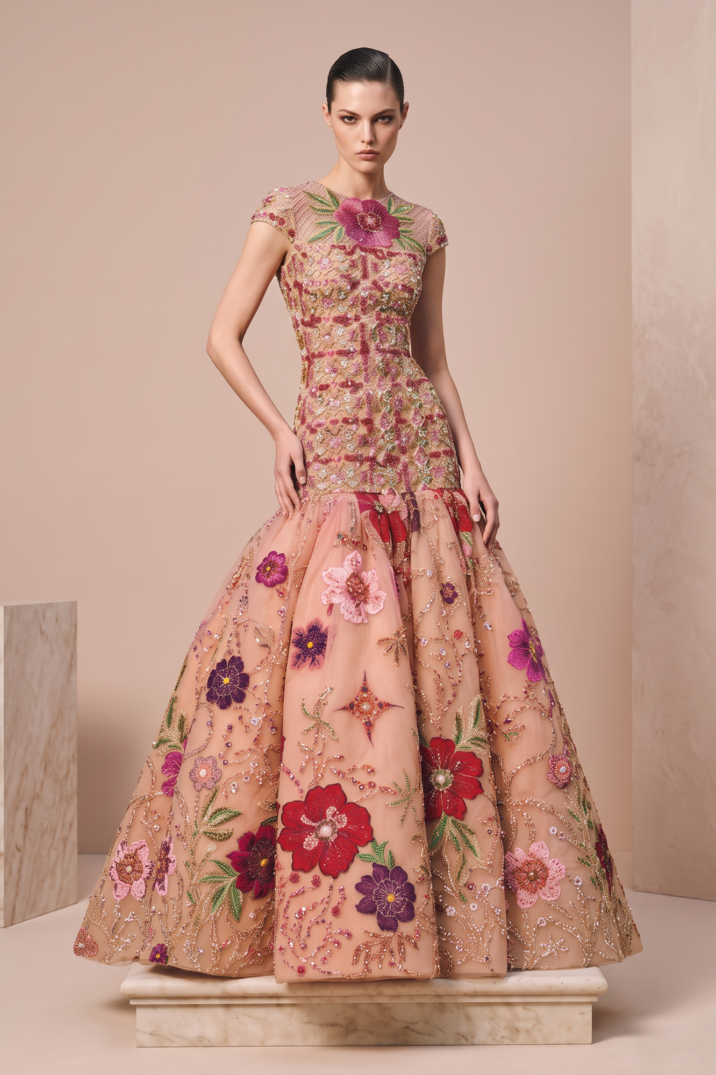 Embroidered Drop-Waisted Ball Gown