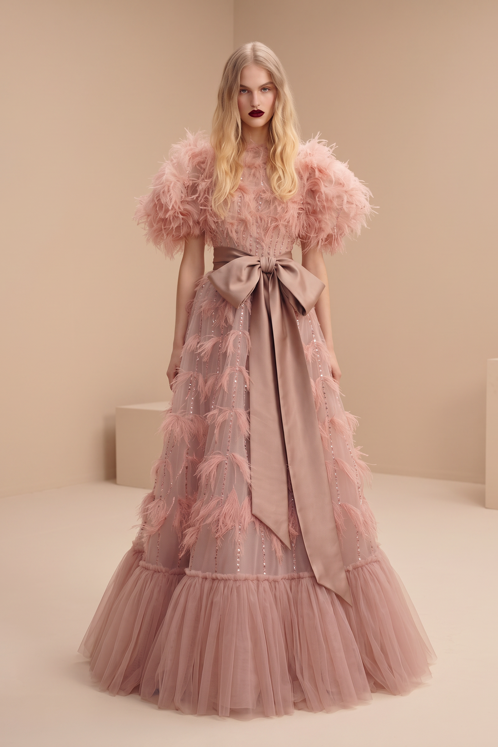 Feathered Puff Sleeve A-Line Gown