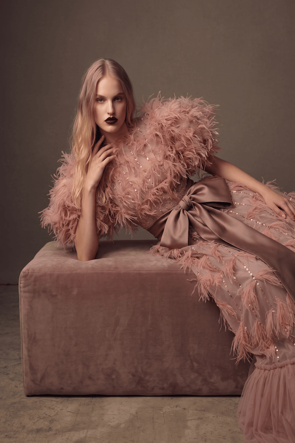 Feathered Puff Sleeve A-Line Gown