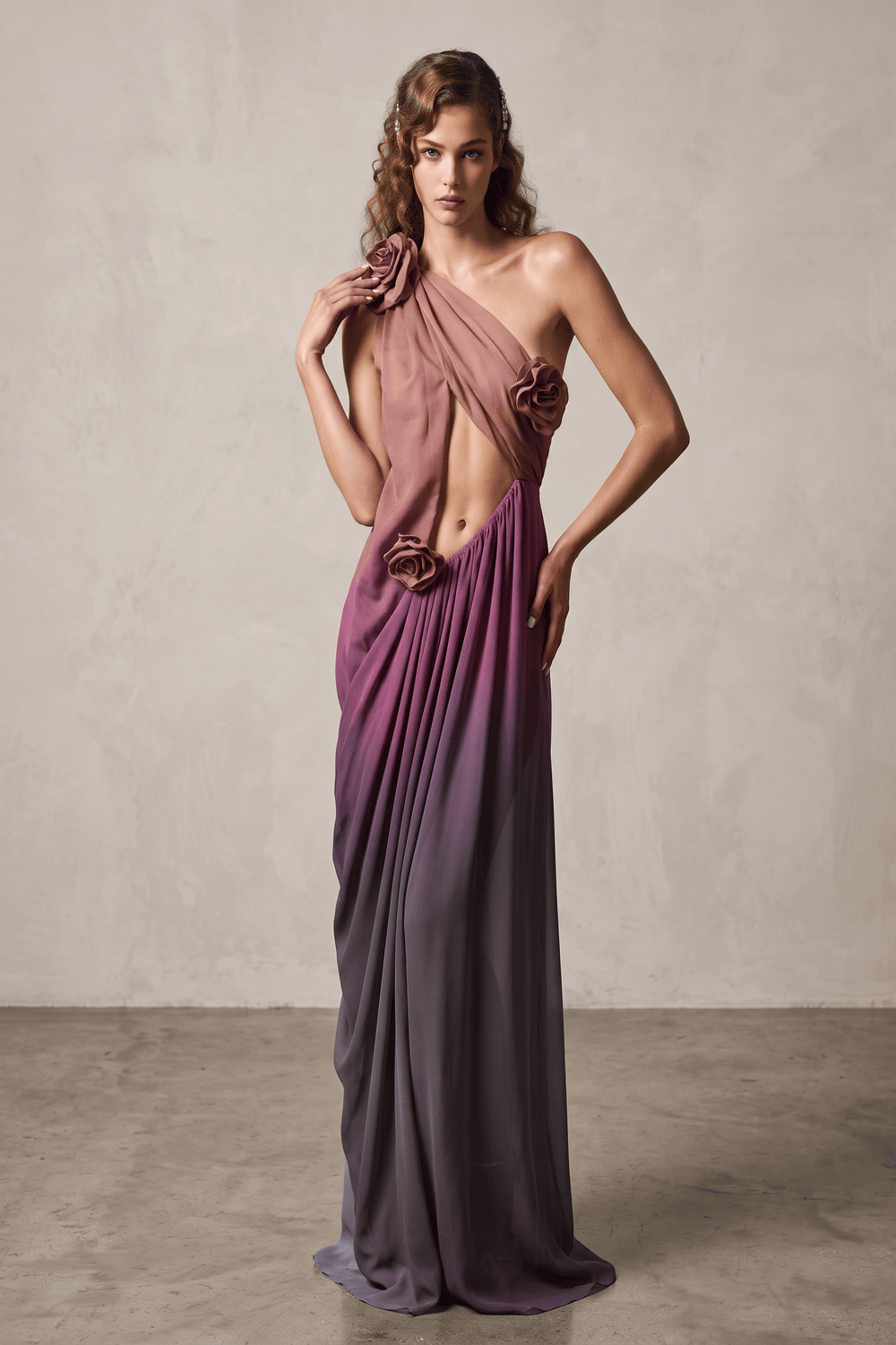 One-Shoulder Draped Cut-Out Gown